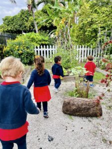 children discovering a montessori garden